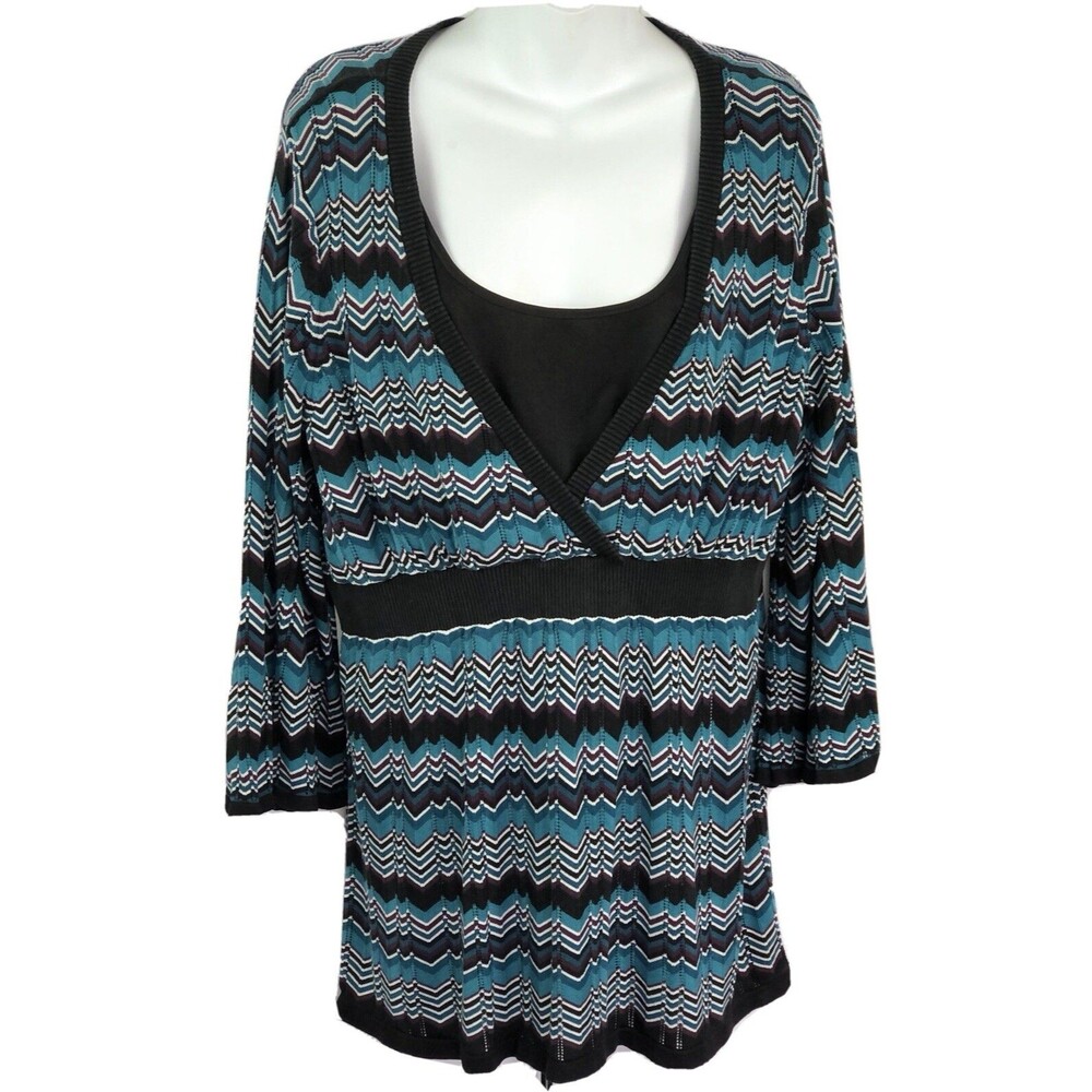 INC Silk Crochet Mesh Knit Tunic Insert top 1X Teal Blk Chevron Boho Grunge